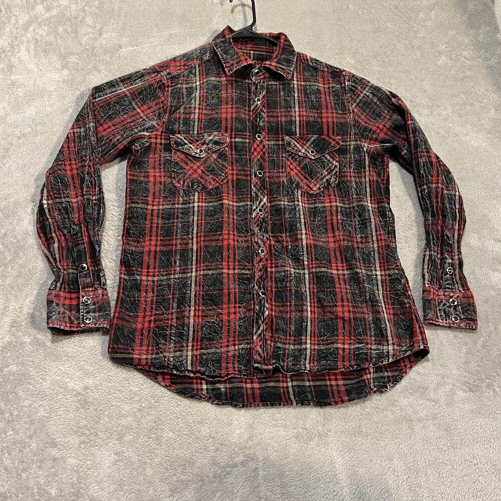 Cuadra Shirt Mens Large Red Black Plaid Western Snap Front 100% Cotton